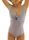 Black Check Print Top Knot One Piece Swimsuit